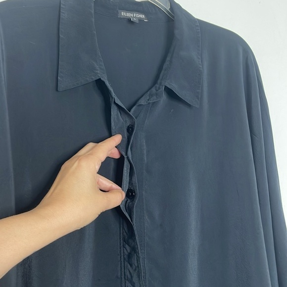 EILEEN FISHER Oversized 100% Silk Popover Tunic Collard Blouse Black Size Large - Picture 3 of 7